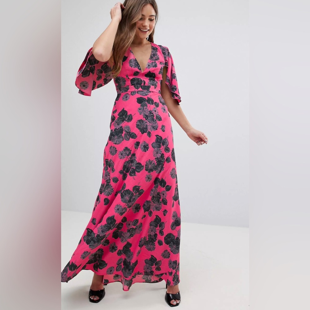 ASOS Bright Pink Floral Maxi Dress With Ruffle Sleeves NWT US 4